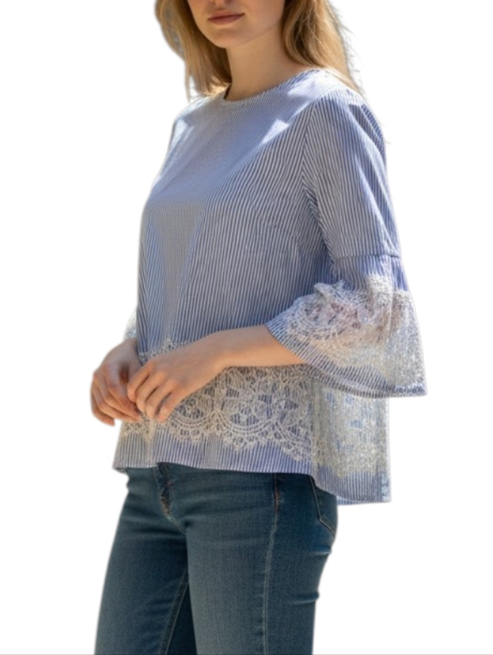 Crown & Ivy Light Blue Pinstripe Lace Trimmed Peasant Blouse